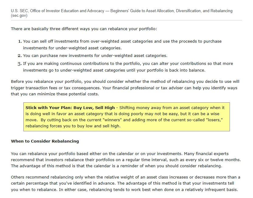 U.S. SEC Beginners' Guide to Asset Allocation, Diversification, and Rebalancing: the section listing three ways to rebalance and the calendar versus threshold timing methods