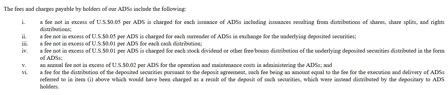 Infosys-in 2026 maliyyə ili üzrə Form 20-F hesabatı, Item 12: ADS sahiblərinin haqları, o cümlədən hər nağd bölgüyə 0,01 dollar və bir ADS-ə illik 0,02 dollaradək haqq