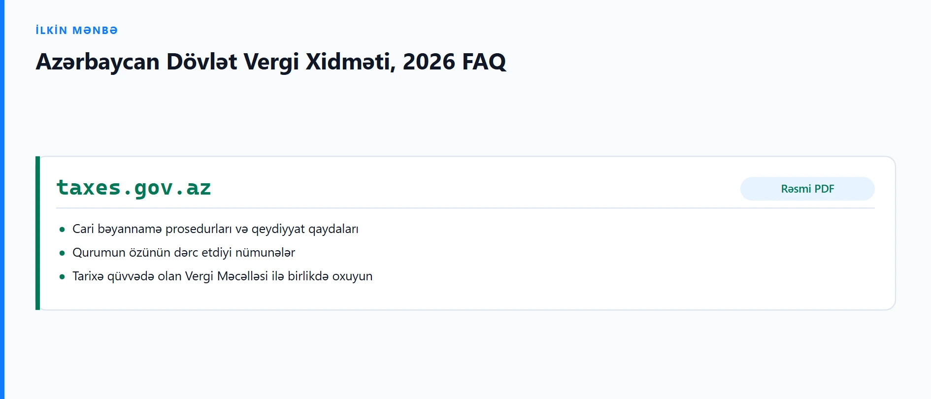 Azərbaycan Vergi Xidmətinin 2026 FAQ sənədi