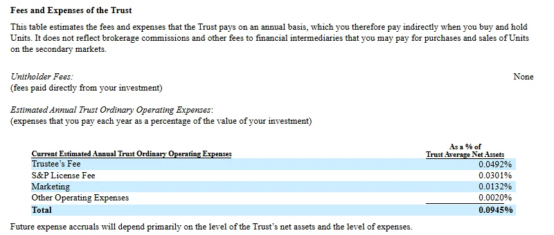 SPY prospectus fee table: no unitholder fees; trustee's fee 0.0492%, S&P license fee 0.0301%, marketing 0.0132%, other operating expenses 0.0020%, total 0.0945% of average net assets