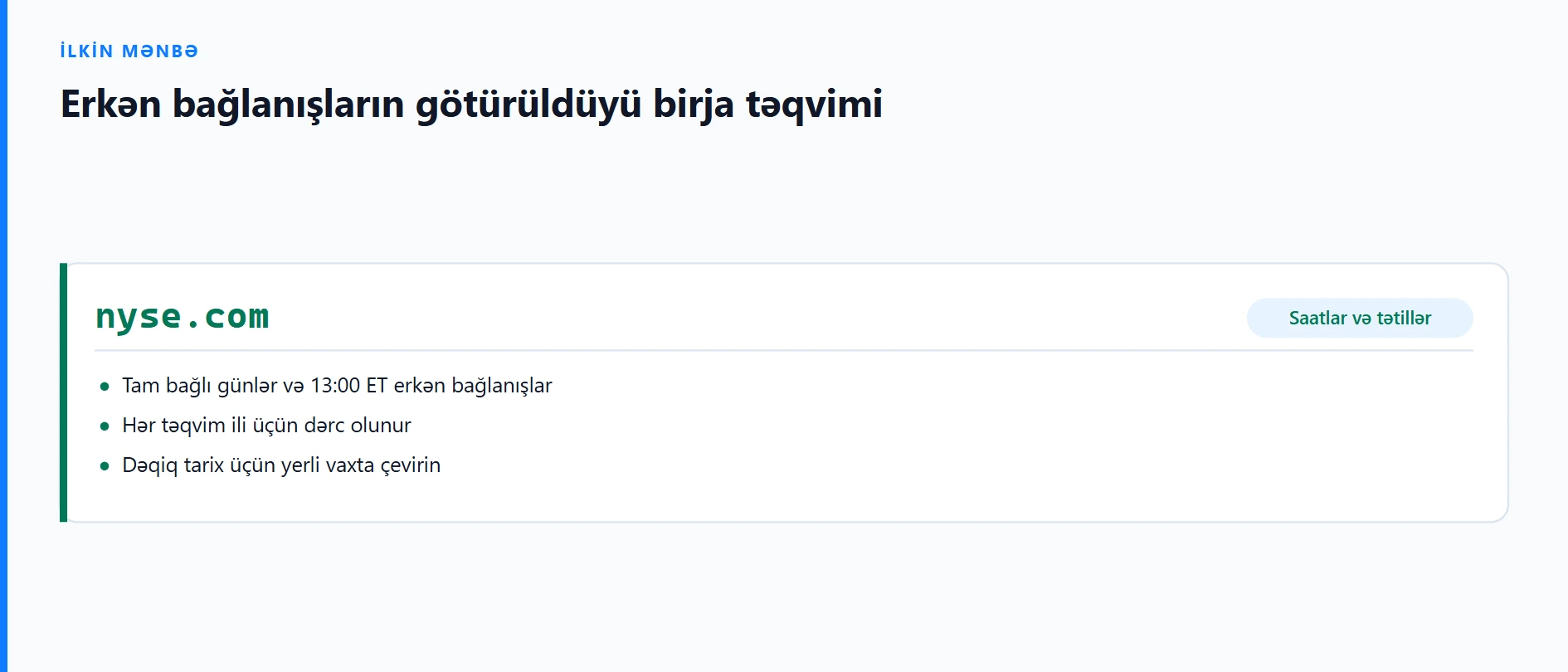 NYSE ticarət saatları və tətil təqvimi