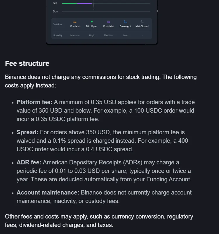 Binance Stocks Fees: 0.35 USD, Spread and ADR Costs